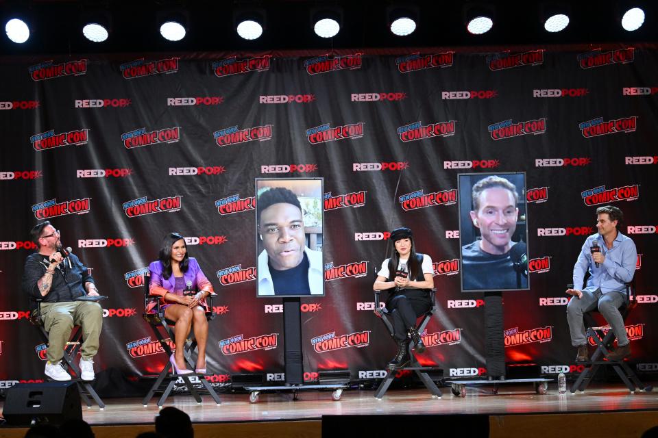 NEW YORK, NEW YORK - OCTOBER 06: (L-R) Damian Holbrook, Mindy Kaling, Sam Richardson, Constance Wu, Glenn Howerton and Charlie Grandy speak onstage at HBO Max's VELMA panel during New York Comic Con 2022 on October 06, 2022 in New York City.