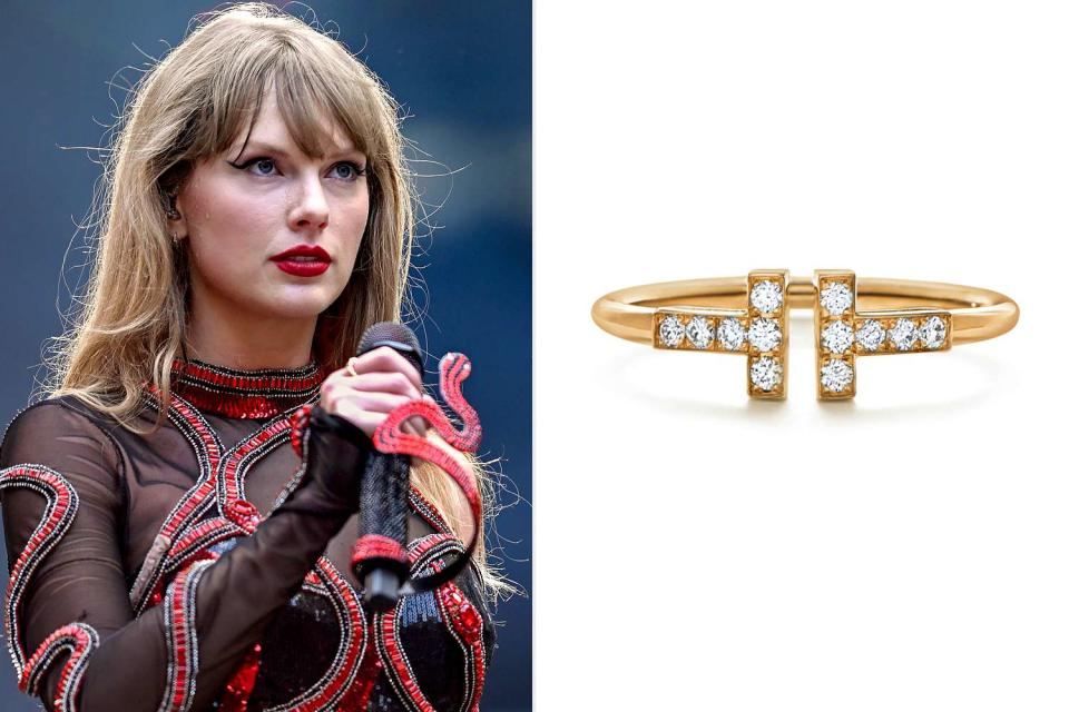 <p>Gareth Cattermole/TAS24/Getty; Tiffany</p> Taylor Swift rocks Tiffany & Co. ring on Eras Tour London stop