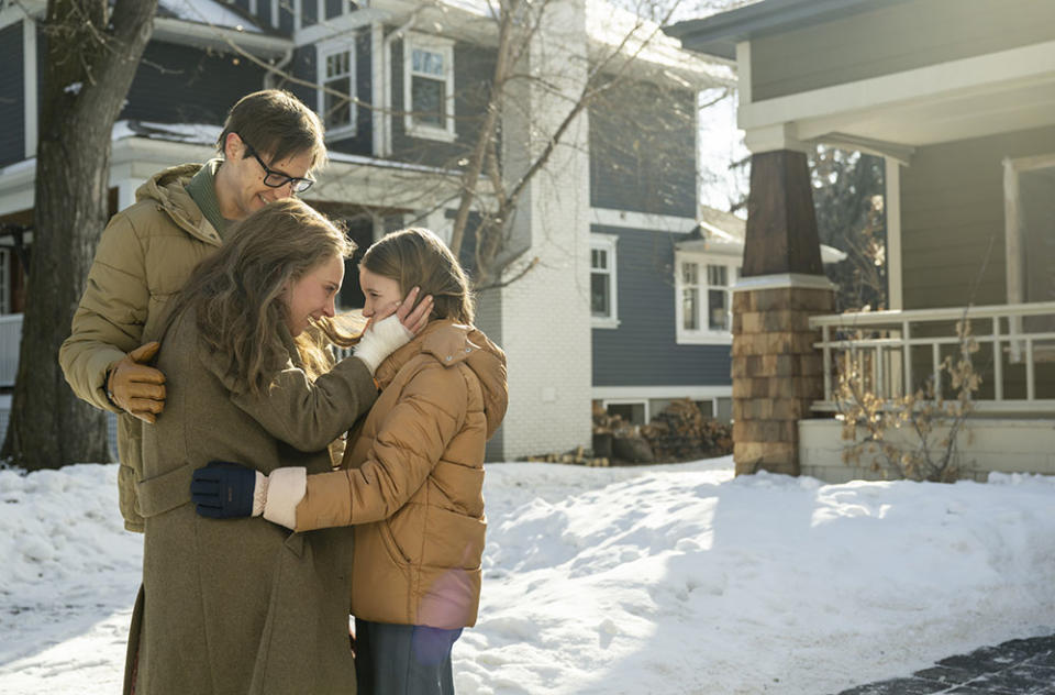 "FARGO" -- "Bisquik" -- Year 5, Episode 10 Pictured (L-R): David Rysdahl as Wayne Lyon, Juno Temple as Dorothy “Dot” Lyon, Sienna King as Scotty Lyon.