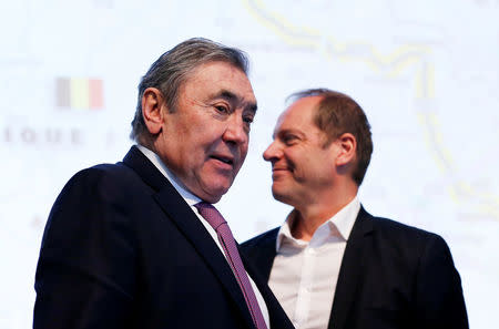 Former Belgian cycling champion Eddy Merckx and Tour de France director Christian Prudhomme attend the presentation of the Grand Depart of the 2019 Tour de France cycling race in Brussels, Belgium, January 16, 2018. REUTERS/Francois Lenoir