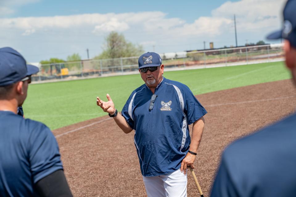 Northern Colorado Owlz head coach Frank Gonzales shares a story with the team before a practice at Future Legends Sports Complex in Windsor on Wednesday.