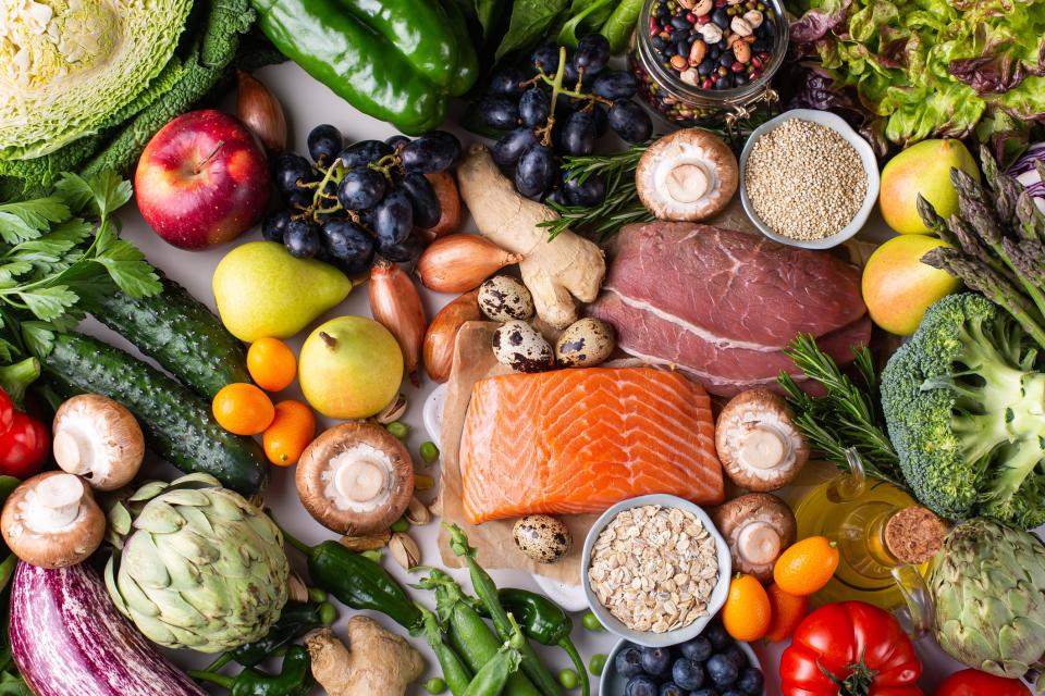 Assortment of healthy food ingredients for cooking, flat lay, view from above