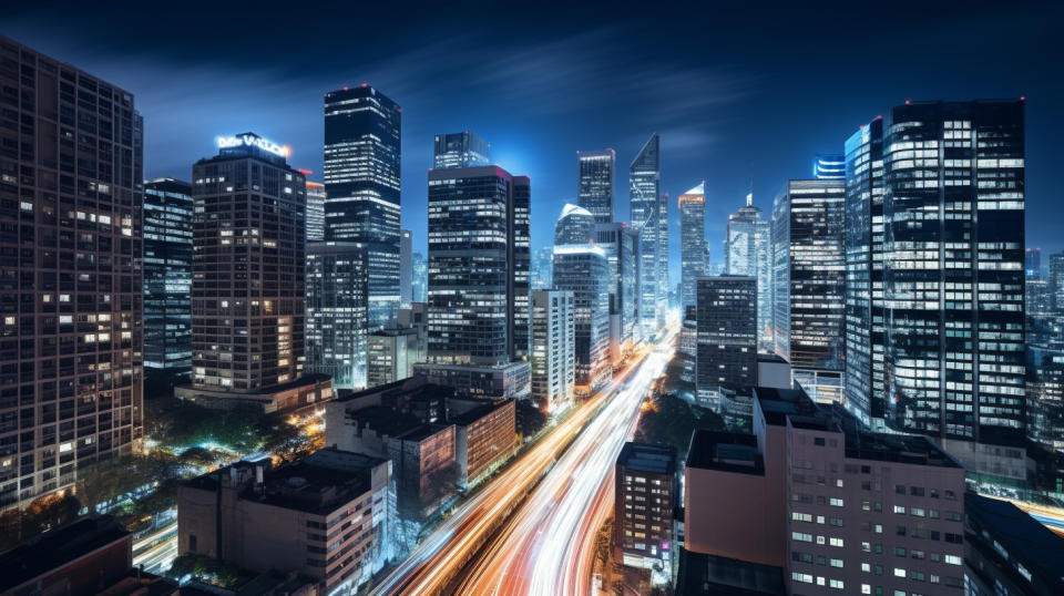 Long exposure of a busy city skyline featuring tall roof tops of different hotel brands.