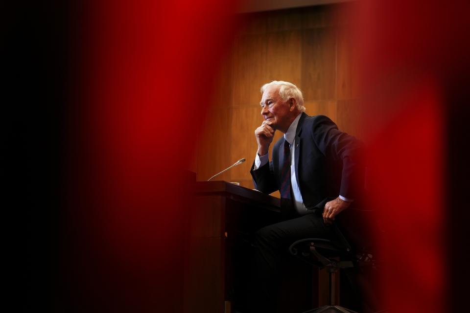 Independent Special Rapporteur on Foreign Interference David Johnston presents his first report in Ottawa, Ontario, on Tuesday, May 23, 2023. Johnston rejected holding a public inquiry into leaked intelligence that alleged China interfered in Canada’s federal elections, drawing allegations of a cover-up from the Conservative opposition. (Sean Kilpatrick/The Canadian Press via AP)