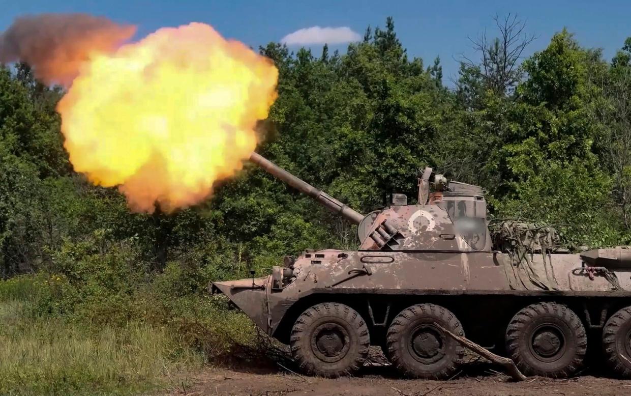 A Russian mortar fires on a Ukrainian position