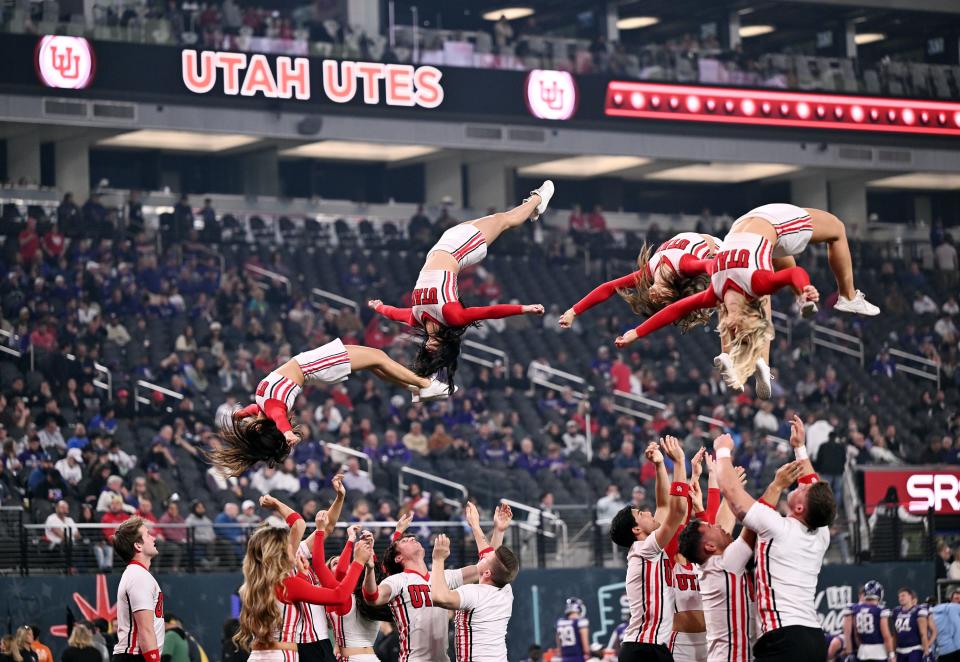 Utah Utes cheerleaders perform during a timeout as Utah and Northwestern play in the SRS Distribution Las Vegas Bowl on Saturday, Dec. 23, 2023. | Scott G Winterton, Deseret News