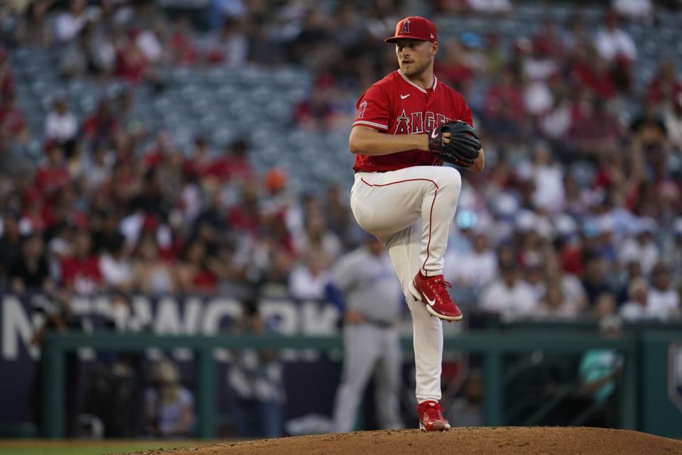 Reid Detmers pitches for the Angels during the third inning.