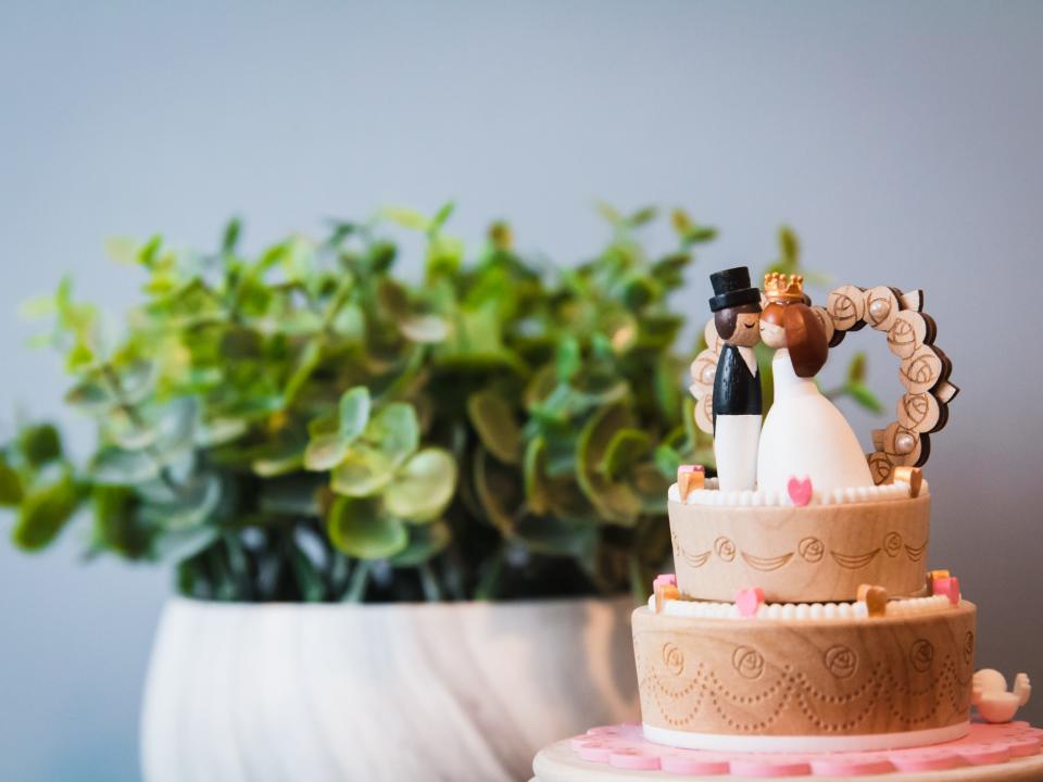 A wedding cake with a houseplant in background