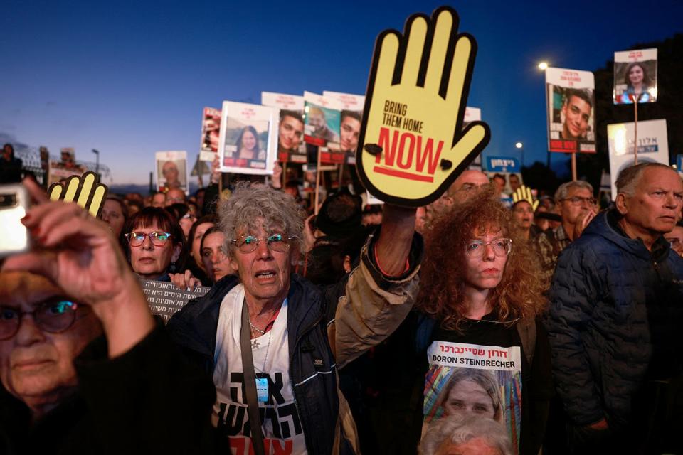 Relatives and supporters of Israeli hostages held in Gaza protest in front of the Israeli parliament in Jerusalem on April 7, 2024.