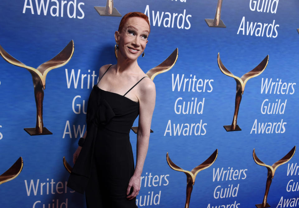 Comedian Kathy Griffin poses at the 2018 Writers Guild Awards at the Beverly Hilton on Feb. 11, 2018, in Beverly Hills, Calif. (Chris Pizzello/Invision/AP)