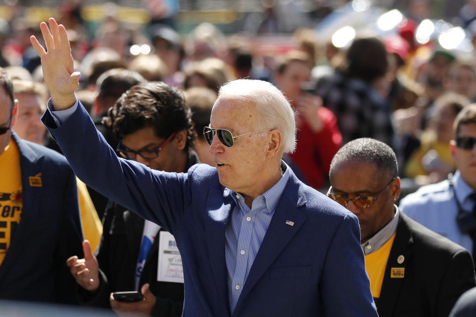 Democratic presidential candidate former Vice President Joe Biden waves to supporters after speaking during a campaign rally Saturday, March 7, 2020, in St. Louis. (AP Photo/Jeff Roberson)