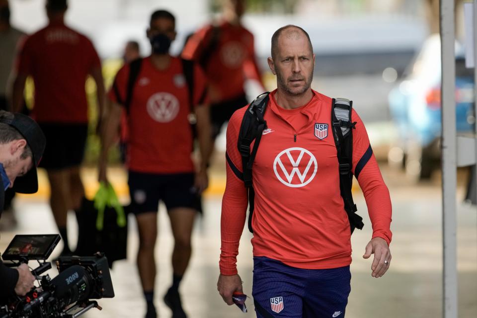 United States' head coach Gregg Berhalter arrives to a training session ahead of a qualifying soccer match for the FIFA World Cup Qatar 2022, against Costa Rica, in San Jose, Costa Rica, Tuesday, March 29, 2022. (AP Photo/Moises Castillo)