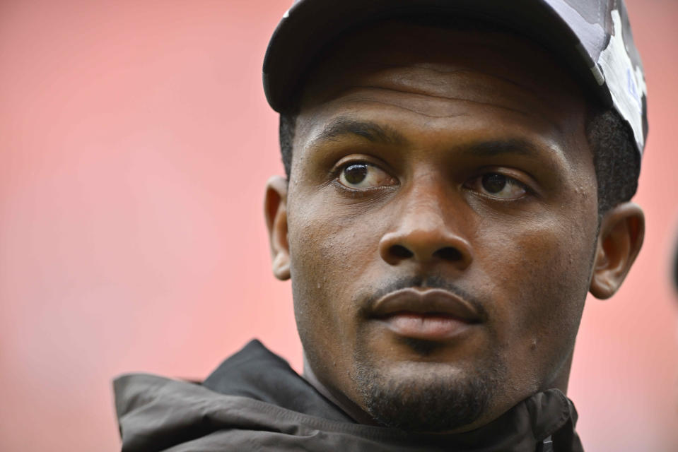 Cleveland Browns quarterback Deshaun Watson (4) walks from the field after an NFL preseason football game against the Philadelphia Eagles in Cleveland, Sunday, Aug. 21, 2022. (AP Photo/David Richard)