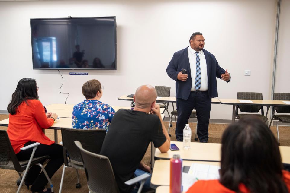 Las Cruces City Manager Ifo Pili speaks during the Faith for the Unhoused meeting at Las Cruces City Hall on Thursday, June 30, 2022.