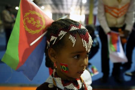 A child wears the Eritrean national flag during a concert at the Millennium Hall in Addis Ababa, Ethiopia July 15, 2018. REUTERS/Tiksa Negeri