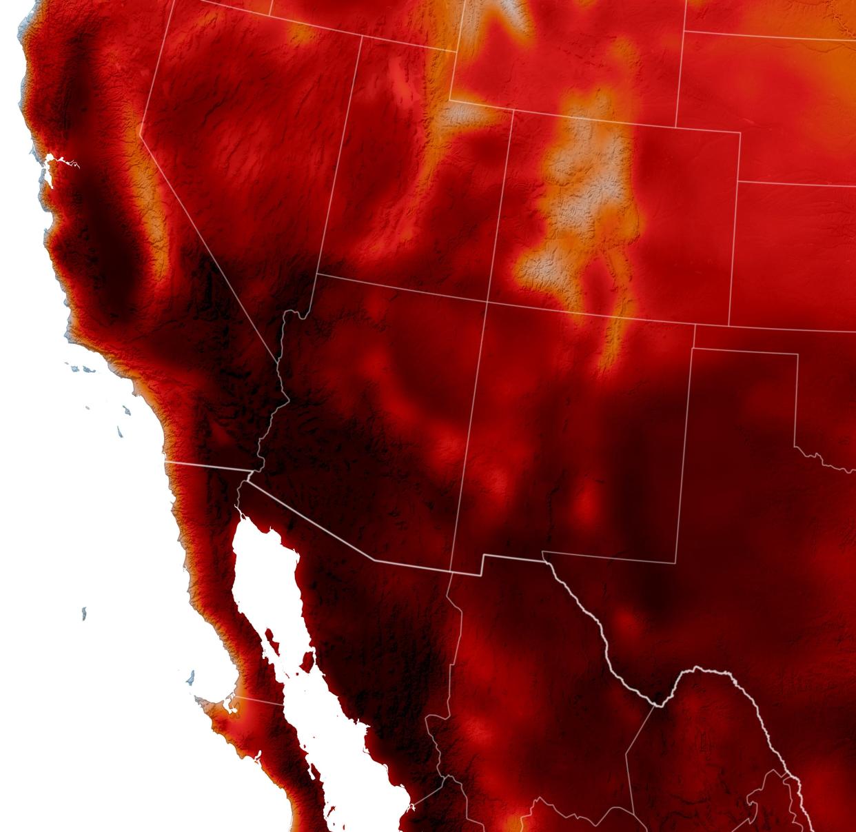 This composite illustration from NASA, using satellite observations and temperature records, shows the maximum air temperatures at 6.5 feet above ground on June 6, as an early summer heat wave delivered record-breaking temperatures. NASA says such heat waves are becoming more frequent.