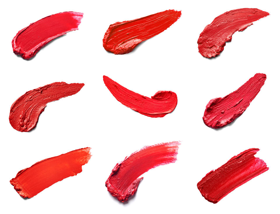 Swatches of different red lipstick shades