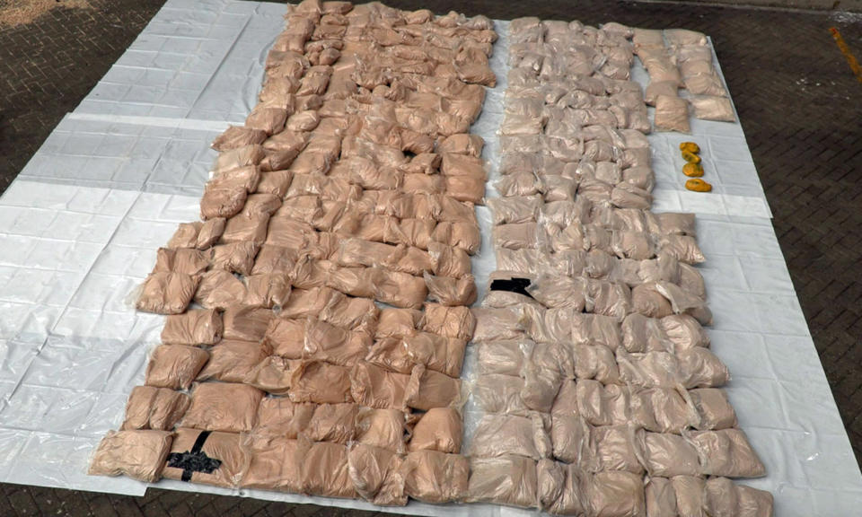 Undated handout photo issued by the National Crime Agency (NCA) showing a �21 million haul of heroin that was hidden inside bags of rice which has been seized from a container ship at the port of Felixstowe.