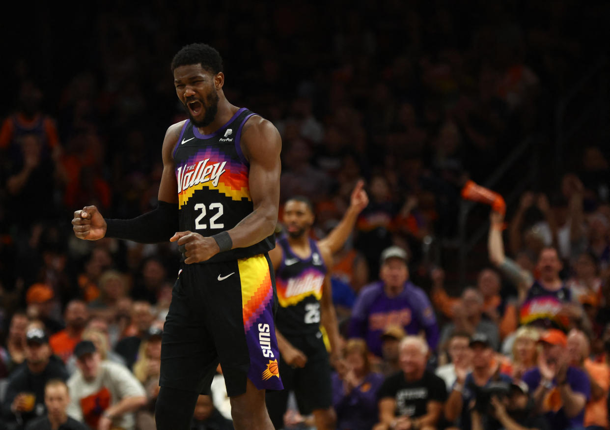 Phoenix Suns center Deandre Ayton celebrates a play against the New Orleans Pelicans in the first half during game five of the first round for the 2022 NBA playoffs at Footprint Center. (Mark J. Rebilas/USA TODAY Sports)