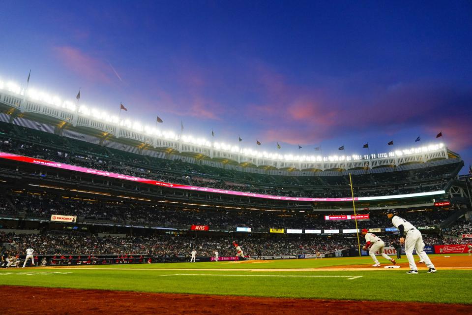 The Philadelphia Phillies play the New York Yankees during the first inning of a baseball game at Yankee Stadium, Monday, April 3, 2023, in New York. (AP Photo/Frank Franklin II)