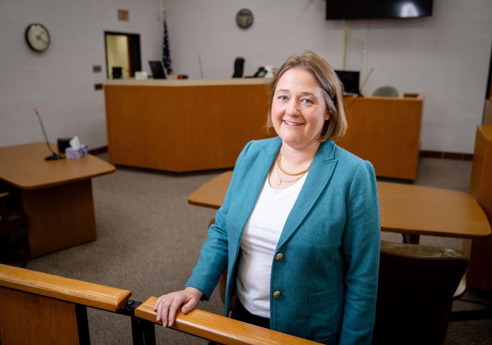 Iowa Attorney General-elect Brenna Bird stands for a photo at the Guthrie County Courthouse, Monday, Nov. 28, 2022.