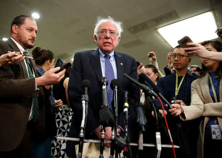 Senator Bernie Sanders (I-VT) speaks to the media after a closed briefing for senators about the latest developments related to the death of Saudi journalist Jamal Khashoggi on Capitol Hill in Washington, U.S., November 28, 2018. REUTERS/Joshua Roberts