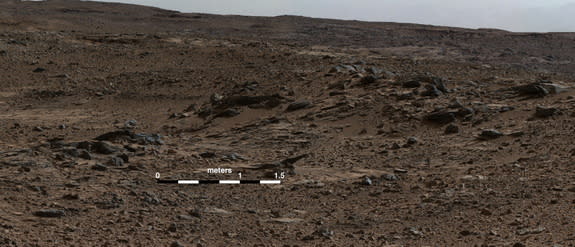 NASA's Curiosity Mars rover, looking toward the west, viewed inclined strata at "Zabriskie Plateau," northeast of the "Pahrump Hills" outcrop at the base of Mount Sharp. Image released Dec. 8, 2014.