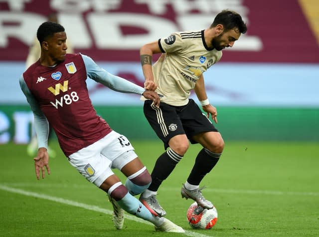 Aston Villa’s Ezri Konsa was deemed to have fouled Manchester United’s Bruno Fernandes