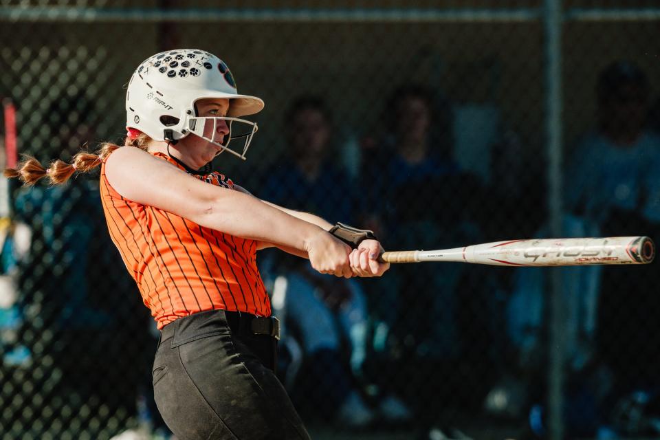 Strasburg's Ada Richards connects for a hit against Buckeye Trail during a game, Tuesday, April 30 at Strasburg-Franklin Park, in Strasburg.