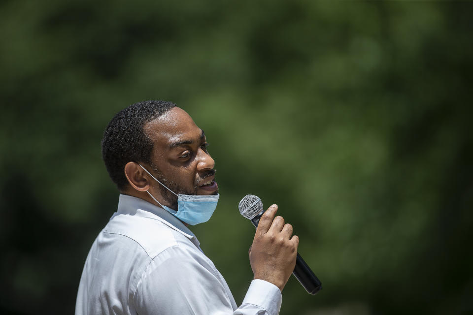 U.S. Senate candidate Charles Booker speaks at a campaign stop at Pikeville City Park in Pikeville, Ky., Monday, June 22, 2020. (Ryan C. Hermens/Lexington Herald-Leader via AP)