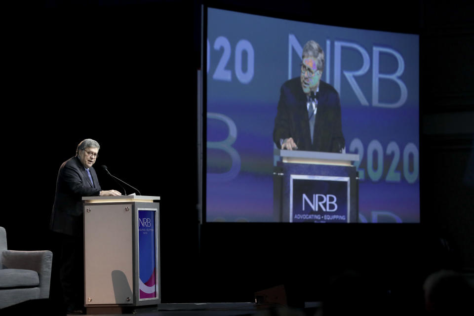 Attorney General William Barr speaks at the National Religious Broadcasters Convention Wednesday, Feb. 26, 2020, in Nashville, Tenn. (AP Photo/Mark Humphrey)