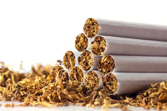 A pyramid of tobacco cigarettes lying on a bed of dried tobacco.