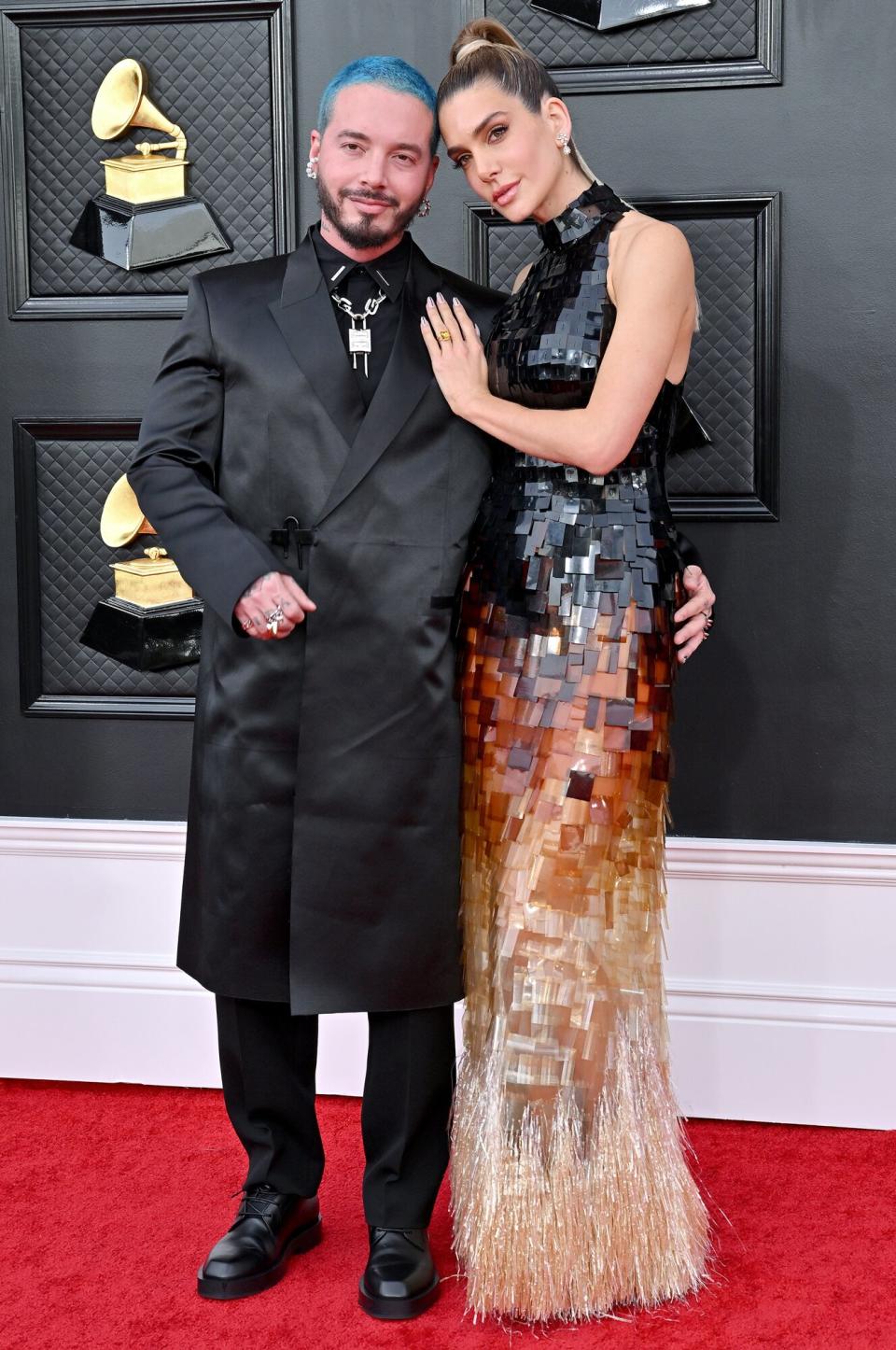 J Balvin and Valentina Ferrer attend the 64th Annual GRAMMY Awards at MGM Grand Garden Arena on April 03, 2022 in Las Vegas, Nevada