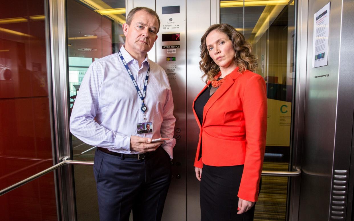 Scene stealers: Hugh Bonneville and Jessica Hynes in the BBC satire  - BBC