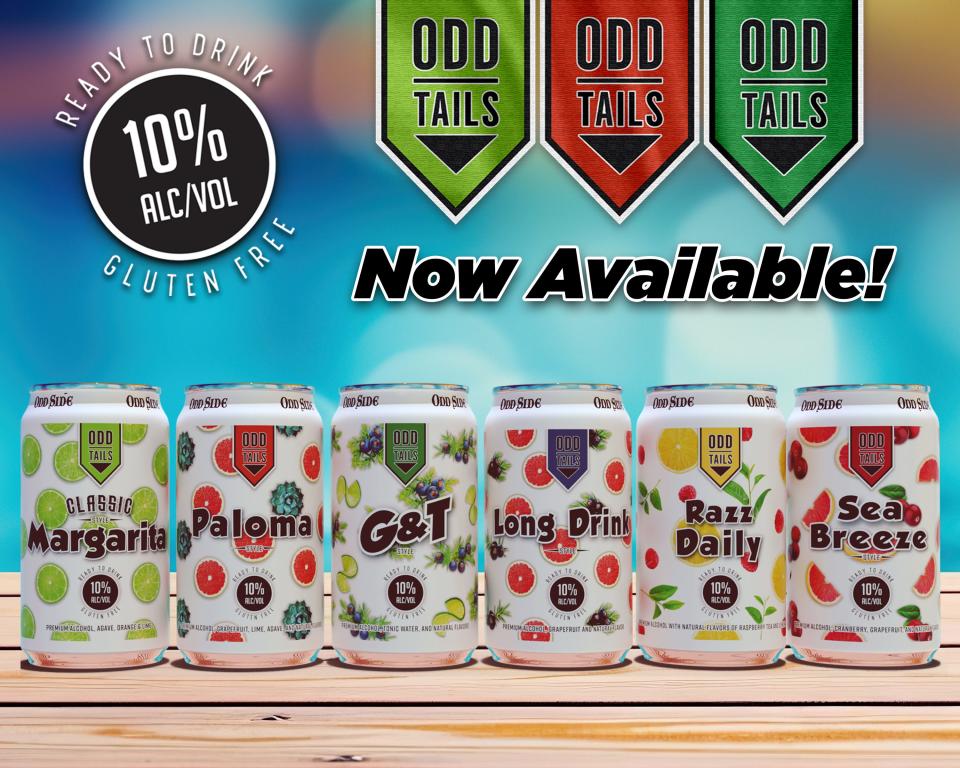 The lineup of Odd Tails canned spiritless cocktails from Odd Side Ales.