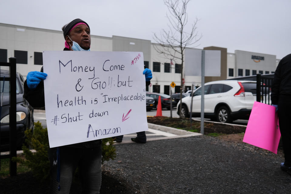 NEW YORK, NEW YORK - MARCH 30: Amazon employees hold a protest and walkout over conditions at the company's Staten Island distribution facility on March 30, 2020 in New York City. Workers at the facility, which has had numerous employees test positive for the coronavirus, want to call attention to what they say is a lack of protections for employees who continue to come to work amid the coronavirus outbreak. (Photo by Spencer Platt/Getty Images)