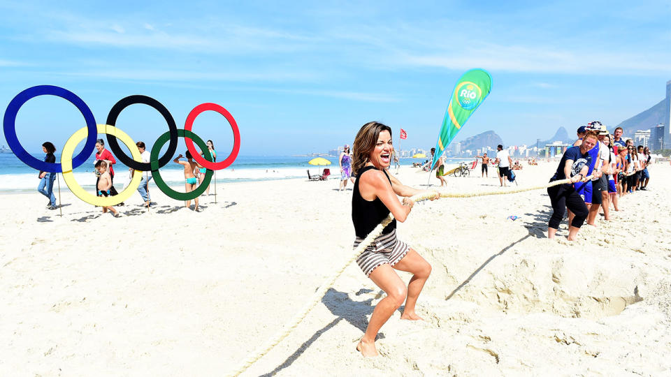 Kit Hoover in a tug of war against United States Olympians.