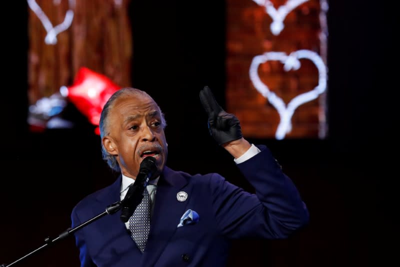 Reverend Al Sharpton speaks during a memorial service for George Floyd following his death in Minneapolis police custody, in Minneapolis