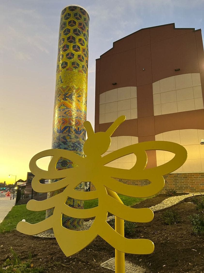 Gastonia, a national Bee City, has used decorations like this 20-foot tall mosaic at CaroMont Health Park in the FUSE District to raise awareness of the importance of bees.