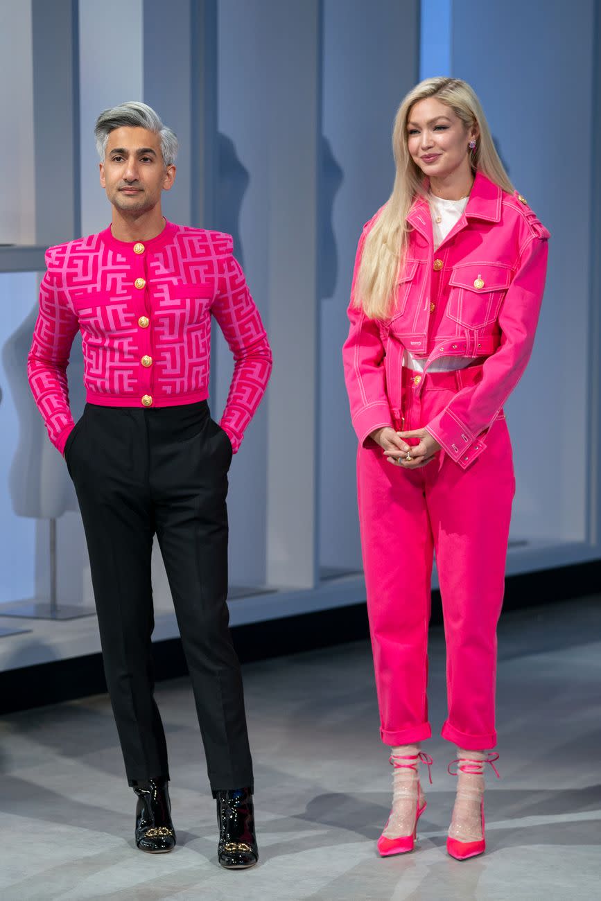 next in fashion season 2 episode 5 tan france gigi hadid outfits pink balmain