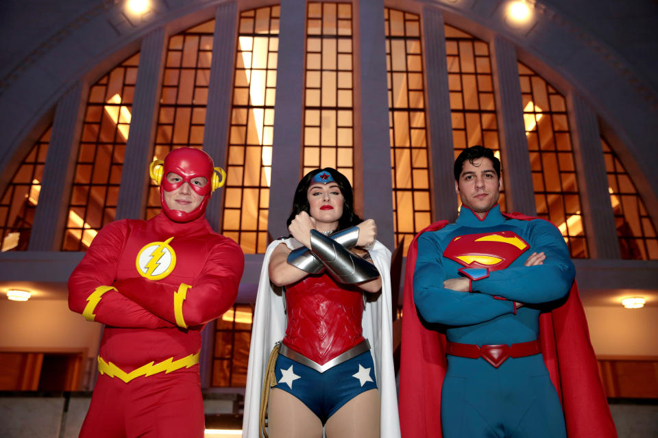 Park staff dressed as The Flash, Wonder Woman and Superman are seen at Warner Bros. World Abu Dhabi theme park in Abu Dhabi, United Arab Emirates April 18, 2018. REUTERS/Christopher Pike