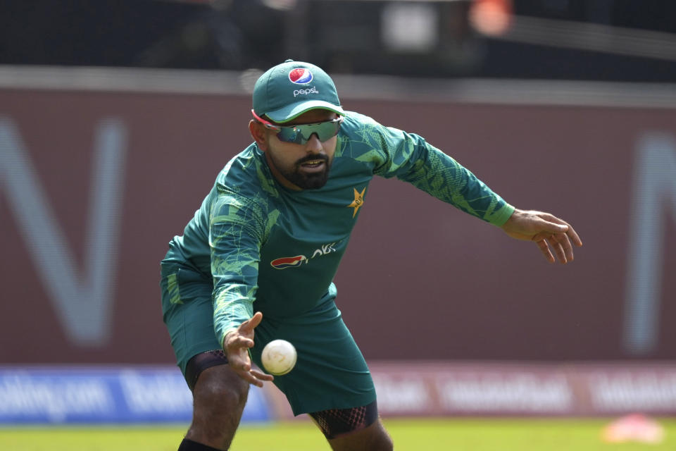 Pakistan's captain Babar Azam attends a practice session ahead of their ICC Cricket World Cup match between India and Pakistan in Ahmedabad, India, Friday, Oct. 13, 2023. India and Pakistan will play their World Cup match in Ahmedabad on Saturday. (AP Photo/Ajit Solanki)