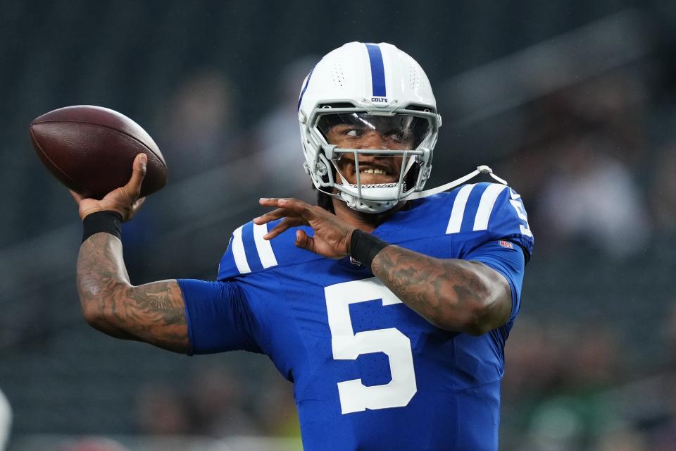 Indianapolis Colts quarterback Anthony Richardson warms up before an NFL preseason football game against the Philadelphia Eagles on Thursday, Aug. 24, 2023, in Philadelphia. (AP Photo/Matt Rourke)