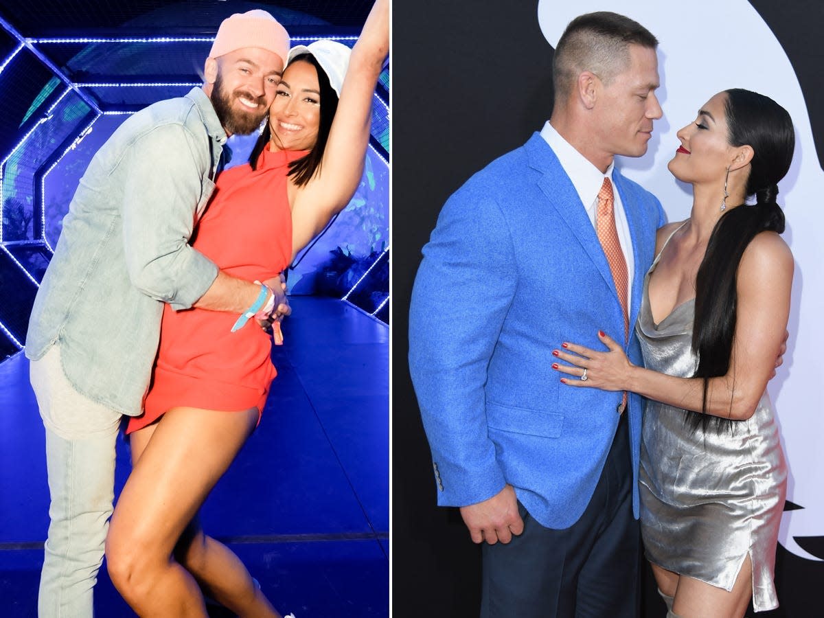 A side by side of Artem Chigvintsev and Nikki Bella and John Cena and Nikki Bella.