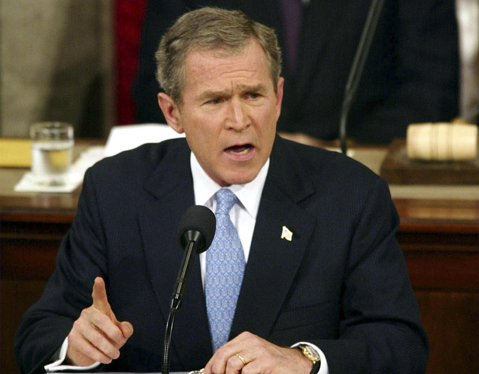 FILE - In this Jan. 29. 2002, file photo, President George W. Bush labels North Korea, Iran and Iraq an "axis of evil" during his State of the Union address on Capitol Hill. What followed was a U.S.-led invasion of a country in the heart of the Middle East that spurred a decade of war, with consequences that reverberate across the region to this day. (AP Photo/Doug Mills, File)