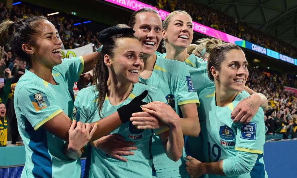 Advance Australia: Hayley Raso (second left) celebrates her second goal of the game.