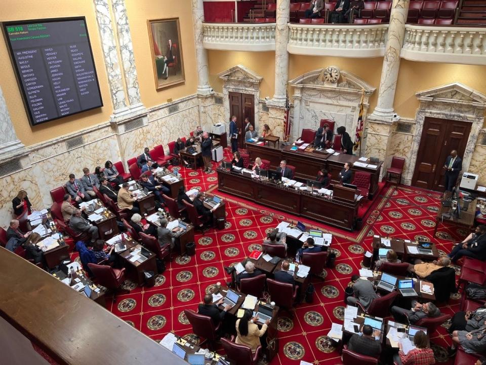 Sen. Mary Beth Carozza, R-Lower Shore, standing at far left, speaks on an amendment to cannabis legislation on the Senate floor in Annapolis on March 30, 2023. The Senate of Maryland has 47 members and is led by Bill Ferguson, D-Baltimore City, at rostrum.