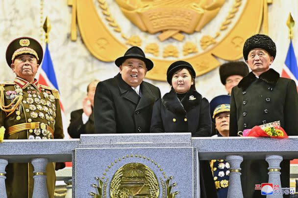 PHOTO: In this photo provided by the North Korean government, North Korean leader Kim Jong Un, center left, with his daughter, reportedly named Kim Ju Ae, attends a military parade on Kim Il Sung Square in Pyongyang, North Korea on Feb. 8, 2023. (Korean Central News Agency/Korea News Service via AP, FILE)