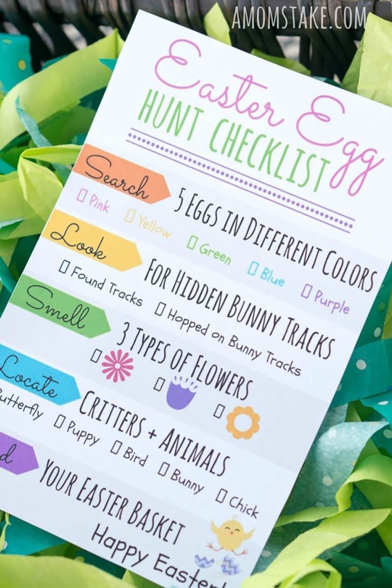 easter egg hunt checklist with prompts like look for hidden bunny tracks, smell 3 types of flowers, spot these animals