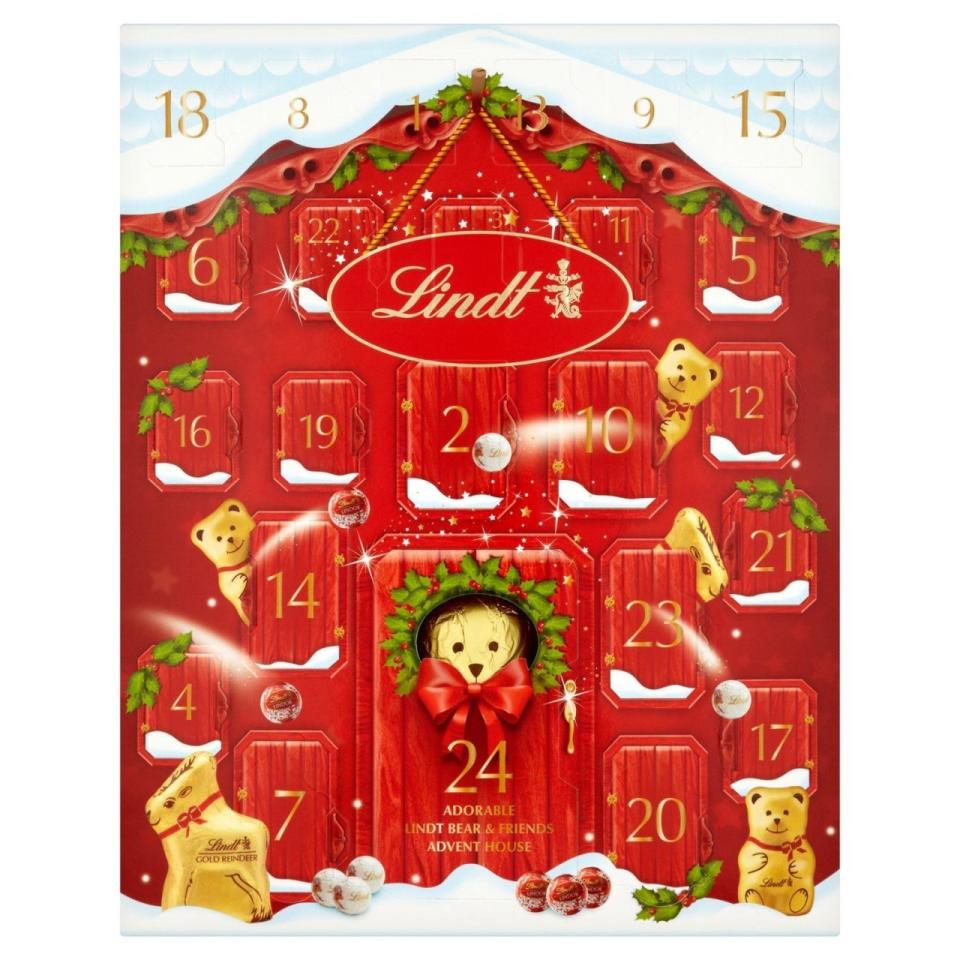 <p>Calling all chocolate lovers... Behind each window you will discover a selection of Lindt milk chocolate and an additional <span>full size 100g novelty chocolate figure. You just have to resist eating them all at once! </span></p><p><strong>BUY NOW: </strong><strong><a rel="nofollow noopener" href="https://www.amazon.co.uk/Lindt-Bear-Advent-Calendar-250g/dp/B0152SYV40/" target="_blank" data-ylk="slk:Lindt Bear Advent Calendar, 250g, £10, Amazon;elm:context_link;itc:0;sec:content-canvas" class="link ">Lindt Bear Advent Calendar, 250g, £10, Amazon</a></strong></p>